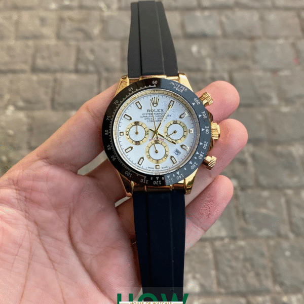 Black And White with Gold Case Silicon Strap Daytona Watch For Men