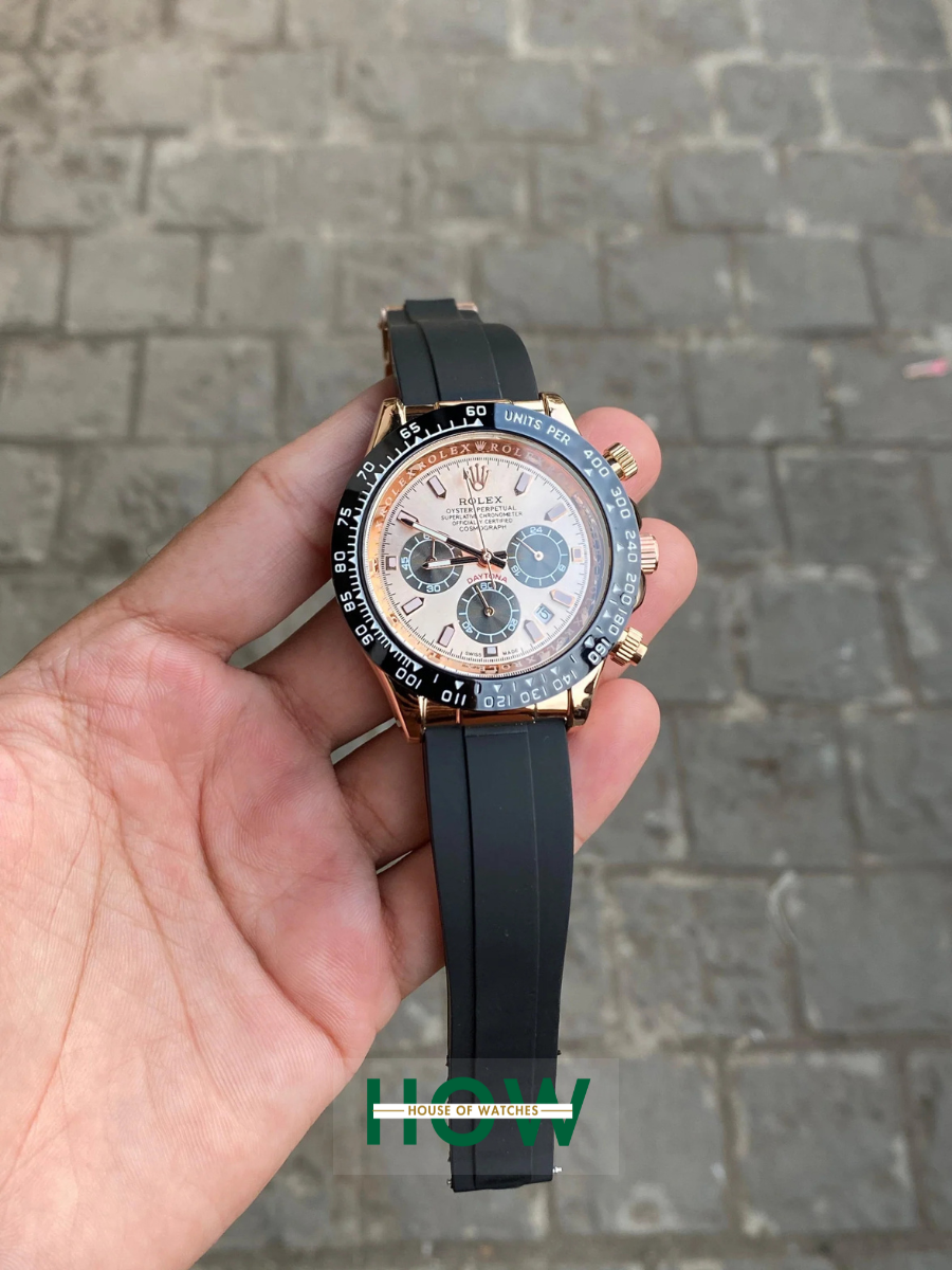 HOW0001 Rose Gold Dial Black Case Silicon Strap Stylish Watch For Men - Image 1