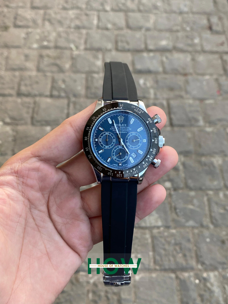 HOW0001 Blue Dial Black Silicon Straps Classic Daytona Watch For Men - Image 1