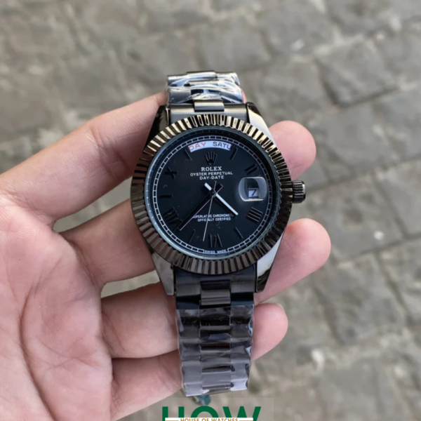 Black Case Premium Stainless Steel Day Date Watch For Men