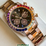 Luxury Rainbow Bezel Chronograph Watch – Rose Gold Edition
