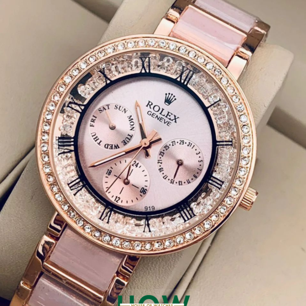 Elegant Copper Pink Dial Stainless Steel Women’s Watch