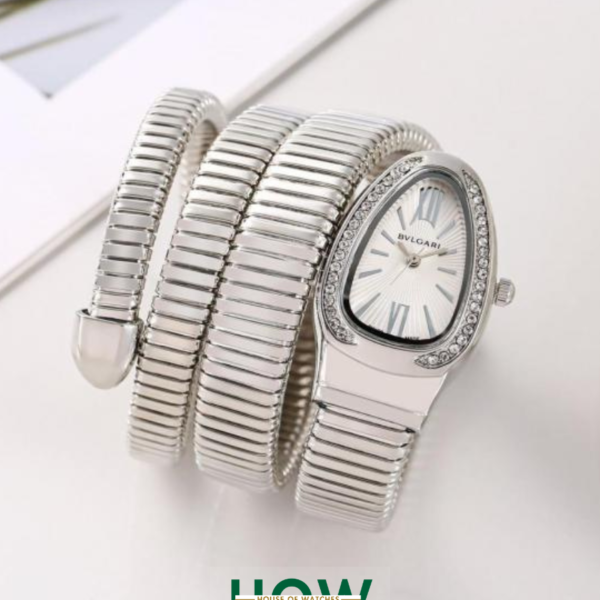 Luxury Snake-Style Silver Case White Dial Women’s Watch
