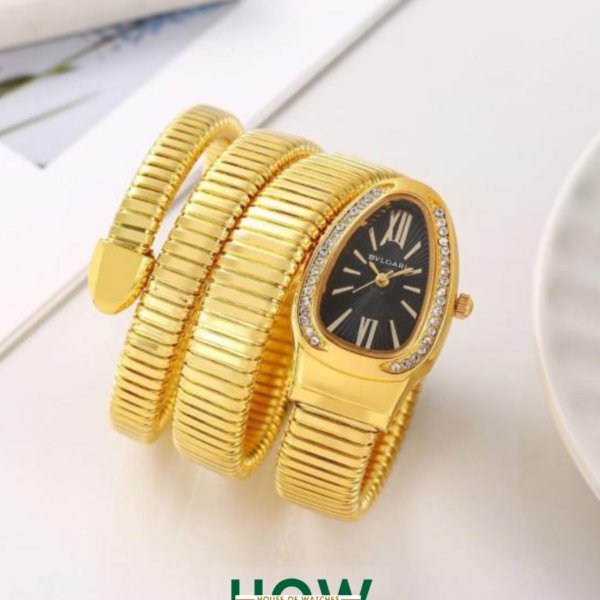 Luxury Snake-Style Gold Case Black Dial Women’s Watch