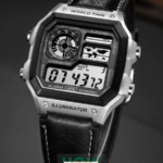 Silver Black Digital Leather Strap Watch