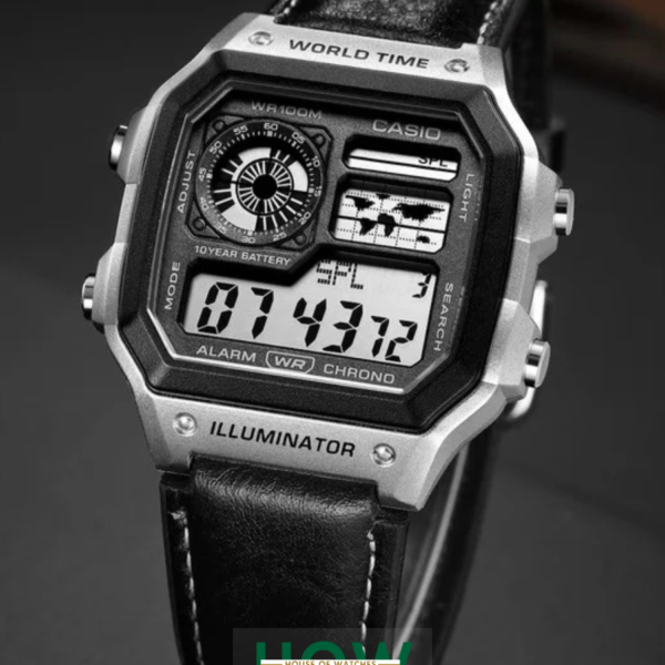 Silver Black Digital Leather Strap Watch