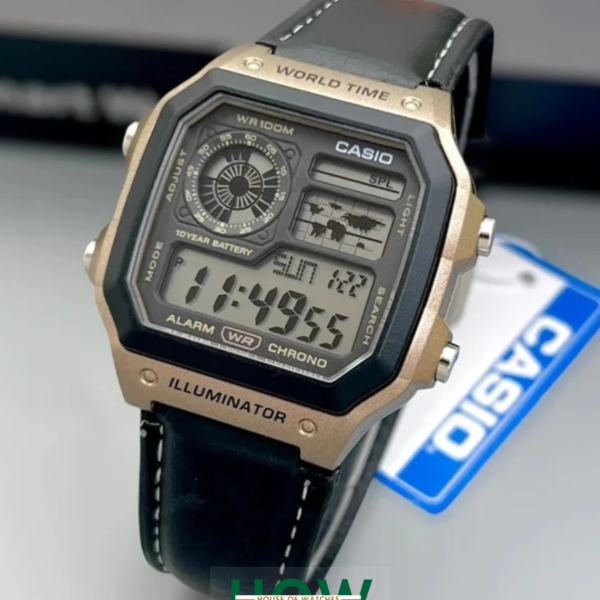 Golden Black Digital Leather Strap Watch